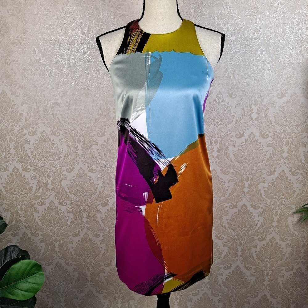 Ann Taylor Size 0 Silky Abstract Print Halter Neck Dress Lined Keyhole Back